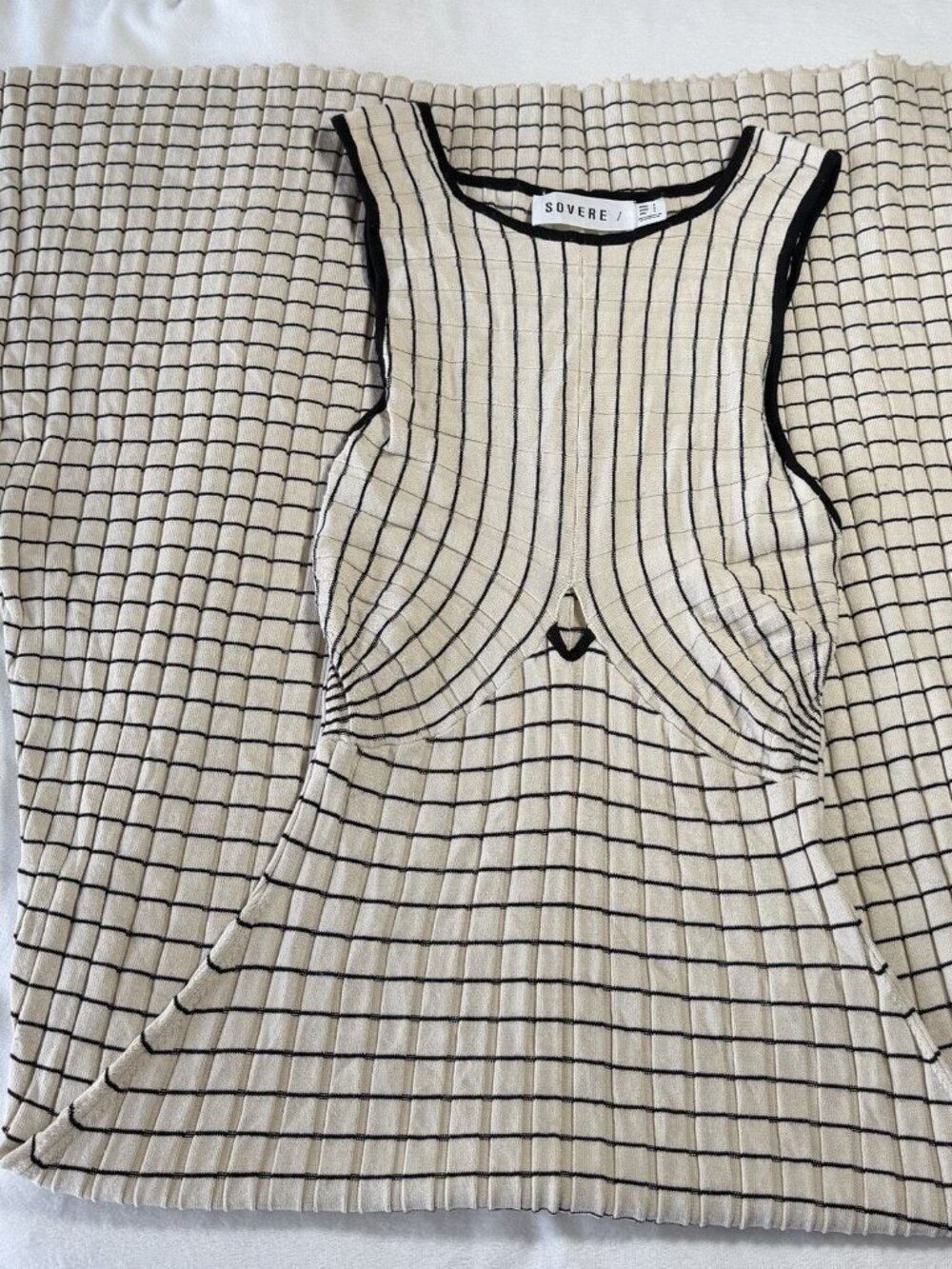 SOVERE Ribbed Knit Maxi Dress Cream Black Grid Cutout Sleeveless Size S